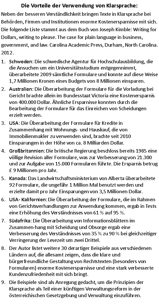 Textfeld: Die Vorteile der Verwendung von Klarsprache: Neben der besseren Verständlichkeit bringen Texte in Klarsprache bei Behörden, Firmen und Institutionen enorme Kostenersparnisse mit sich. Die folgende Liste stammt aus dem Buch von Joseph Kimble: Writing for Dollars, writing to please. The case for plain language in business, government, and law. Carolina Academic Press, Durham, North Carolina. 2012. Schweden: Die schwedische Agentur für Hochschulausbildung, die die Ansuchen um ein Universitätsstudium entgegennimmt, überarbeitete 2009 sämtliche Formulare und konnte auf diese Weise 1,7 Millionen Kronen eines Budgets von 8 Millionen einsparen. Australien: Die Überarbeitung der Formulare für die Vorladung bei Gericht brachte allein im Bundesstaat Victoria eine Kostenersparnis von 400.000 Dollar. Ähnliche Ersparnisse konnten durch die Bearbeitung der Formulare für das Einreichen von Scheidungen erzielt werden. USA: Die Überarbeitung der Formulare für Kredite in Zusammenhang mit Wohnungs- und Hauskauf, die von Immobilienmakler zu verwenden sind, brachte seit 2010 Einsparungen in der Höhe von ca. 8 Milliarden Dollar.Großbritannien: Die britische Regierung beschloss bereits 1985 eine völlige Revision aller Formulare, was zur Verbesserung von 21.300 und zur Aufgabe von 15.000 Formularen führte. Die Ersparnis betrug £ 9 Millionen pro Jahr.Kanada: Das Landwirtschaftsministerium von Alberta überarbeitete 92 Formulare, die ungefähr 1 Million Mal benutzt werden und erzielte damit pro Jahr Einsparungen von 3,5 Millionen Dollar. USA- Kalifornien: Die Überarbeitung der Formulare, die im Rahmen von Gerichtsverhandlungen zur Anwendung kommen, ergab in Tests eine Erhöhung des Verständnisses von 61 % auf 95 %.Südafrika: Die Überarbeitung von Informationsblättern im Zusammenhang mit Scheidung und Obsorge ergab eine Verbesserung des Verständnisses von 35 % zu 90 % bei gleichzeitiger Verringerung der Lesezeit um zwei Drittel.Der Autor listet weitere 30 derartiger Beispiele aus verschiedenen Ländern auf, die allesamt zeigen, dass die klare und bürgerfreundliche Gestaltung von Rechtstexten (besonders von Formularen) enorme Kostenersparnisse und eine stark verbesserte Kundenzufriedenheit mit sich bringt.Die Beispiele sind als Anregung gedacht, um die Prinzipien der Klarsprache als Teil einer künftigen Verwaltungsreform in der österreichischen Gesetzgebung und Verwaltung einzuführen.