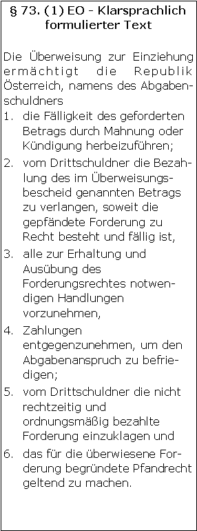 Textfeld:  73. (1) EO - Klarsprachlich formulierter TextDie Überweisung zur Einziehung ermächtigt die Republik Österreich, namens des Abgabenschuldners die Fälligkeit des geforderten Betrags durch Mahnung oder Kündigung herbeizuführen;vom Drittschuldner die Bezahlung des im Überweisungsbescheid genannten Betrags zu verlangen, soweit die gepfändete Forderung zu Recht besteht und fällig ist,alle zur Erhaltung und Ausübung des Forderungsrechtes notwendigen Handlungen vorzunehmen, Zahlungen entgegenzunehmen, um den Abgabenanspruch zu befriedigen;vom Drittschuldner die nicht rechtzeitig und ordnungsmäßig bezahlte Forderung einzuklagen unddas für die überwiesene Forderung begründete Pfandrecht geltend zu machen. 