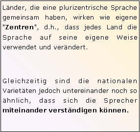 Textfeld: Lnder, die eine plurizentrische Sprache gemeinsam haben, wirken wie eigene "Zentren", d.h., dass jedes Land die Sprache auf seine eigene Weise verwendet und verndert. 



Gleichzeitig sind die nationalen Varietten jedoch untereinander noch so hnlich, dass sich die Sprecher miteinander verstndigen knnen.