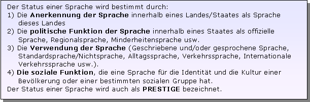 Textfeld: Der Status einer Sprache wird bestimmt durch:
1) Die Anerkennung der Sprache innerhalb eines Landes/Staates als Sprache dieses Landes 
2) Die politische Funktion der Sprache innerhalb eines Staates als offizielle Sprache, Regionalsprache, Minderheitensprache usw.
3) Die Verwendung der Sprache (Geschriebene und/oder gesprochene Sprache, Standardsprache/Nichtsprache, Alltagssprache, Verkehrssprache, Internationale Verkehrssprache usw.).
4) Die soziale Funktion, die eine Sprache fr die Identitt und die Kultur einer Bevlkerung oder einer bestimmten sozialen Gruppe hat.
Der Status einer Sprache wird auch als PRESTIGE bezeichnet.