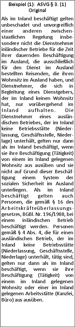 Textfeld: Beispiel (1):  ASVG  3. (1)  OriginalAls im Inland beschäftigt gelten unbeschadet und unvorgreiflich einer anderen zwischenstaatlichen Regelung insbesondere nicht die Dienstnehmer inländischer Betriebe für die Zeit ihrer dauernden Beschäftigung im Ausland, die ausschließlich für den Dienst im Ausland bestellten Reisenden, die ihren Wohnsitz im Ausland haben, und Dienstnehmer, die sich in Begleitung eines Dienstgebers, der im Inland keinen Wohnsitz hat, nur vorübergehend im Inland aufhalten. Die Dienstnehmer eines ausländischen Betriebes, der im Inland keine Betriebsstätte (Niederlassung, Geschäftsstelle, Niederlage) unterhält, gelten nur dann als im Inland beschäftigt, wenn sie ihre Beschäftigung (Tätigkeit) von einem im Inland gelegenen Wohnsitz aus ausüben und sie nicht auf Grund dieser Beschäftigung einem System der sozialen Sicherheit im Ausland unterliegen. Als im Inland beschäftigt gelten auch Personen, die gemäß  16 des Arbeitskräfteüberlassungsgesetzes, BGBl. Nr. 196/1988, bei einem inländischen Betrieb beschäftigt werden. Personen gemäß  4 Abs. 4, die für einen ausländischen Betrieb, der im Inland keine Betriebsstätte (Niederlassung, Geschäftsstelle, Niederlage) unterhält, tätig sind, gelten nur dann als im Inland beschäftigt, wenn sie ihre Beschäftigung (Tätigkeit) von einem im Inland gelegenen Wohnsitz oder einer im Inland gelegenen Arbeitsstätte (Kanzlei, Büro) aus ausüben.